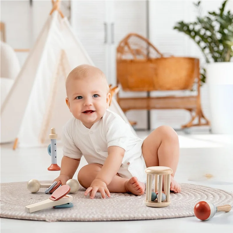 Chocalho infantil montessori de 5 peças e conjunto musical, brinquedo infantil de madeira, instrumentos de percussão para crianças, presente de aniversário pré-escolar