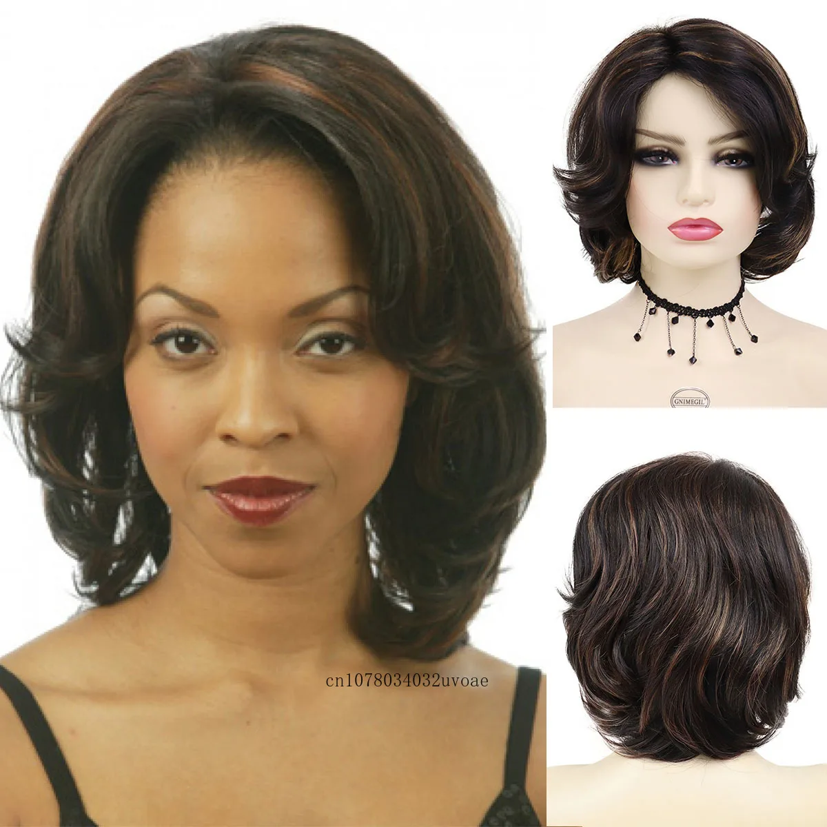 

Synthetic Natural Wig for Women Medium Hair Brown Color Fashion Hairstyle Curly Wig Bob Mommy Wig Highlight with Side Bangs Lady