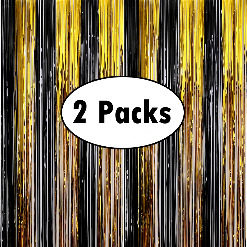 2 Packs Black Gold Metallic Foil Tinsel Fringe Curtains Backdrop Graduation Retirement Party Backdrops Birthday Party Decor