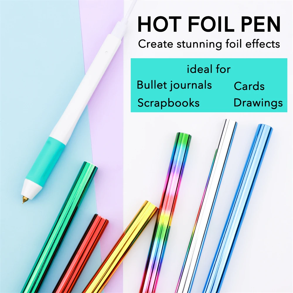 USB Powered Hot Foil Pen Kit, 0.8mm 1.5mm Tips, Heat Activated Craft Pen for Calligraphy DIY Decoration, 6 Foil Rolls Total