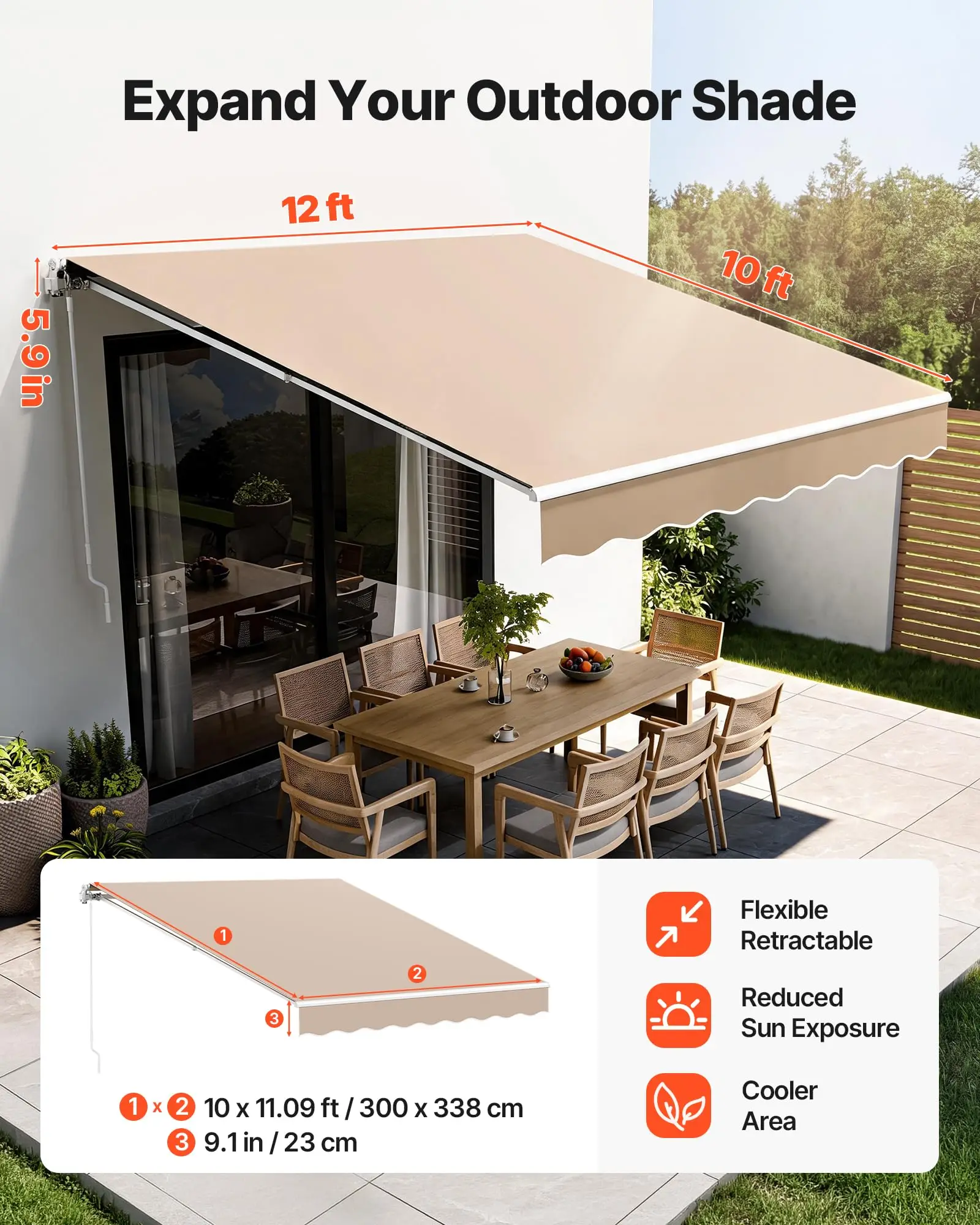 Manual Retractable Awning 12 x 10 ft Outdoor Patio Awning Sun Shade
