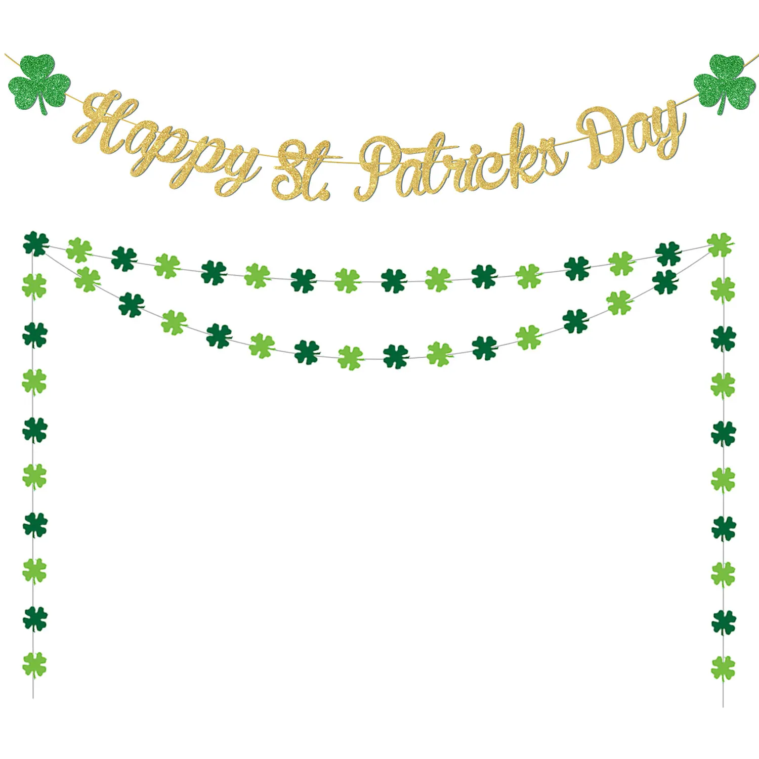 

St Patrick's Day Gold Glitter Happy St Patrick's Day Banner Green Lucky Clover Garland for Irish National Day Party Supplies