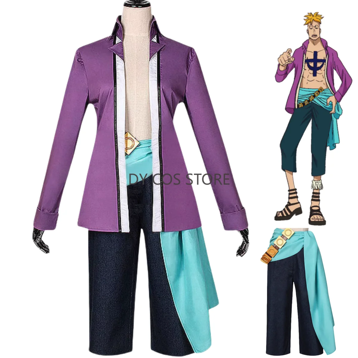

Anime Marco Cosplay Costume Purple Long Sleeves Tops Coat Waist Decorations Uniform Adult Man Halloween Christmas Suit