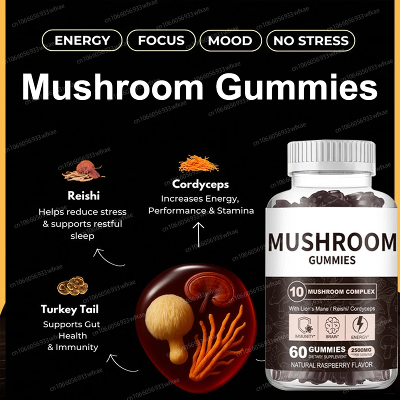 

10 In 1 Mushroom Gummies Boost Immunity and Cardiovascular Health Promote Focus with Reishi, Cordyceps 60Gummies
