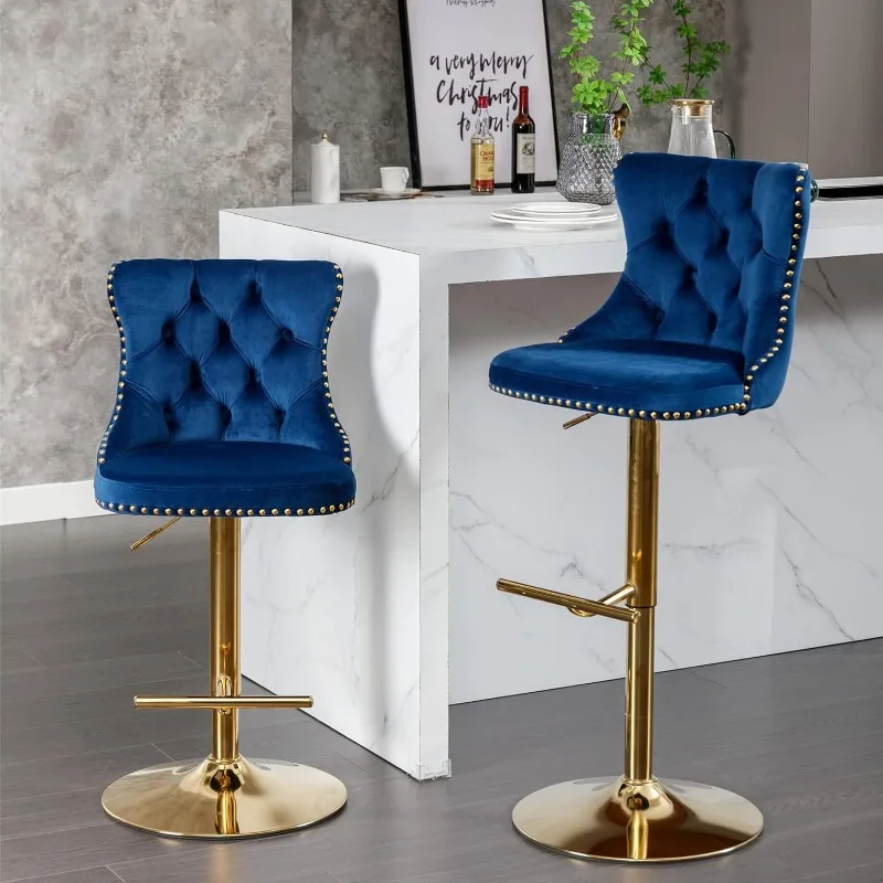 Swivel Bar Stools Set of 2, Adjustable Counter Height Barstools with Nailheads Trim, Button Tufted Back and Silver Footrest,