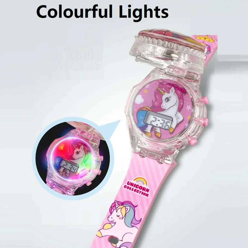 Nette Cartoon Kinder Uhr Elektronische Revolve Flash Licht Musik Mädchen Kinder Armbanduhren Digitale Einhorn Party Geschenke Spielzeug Uhr