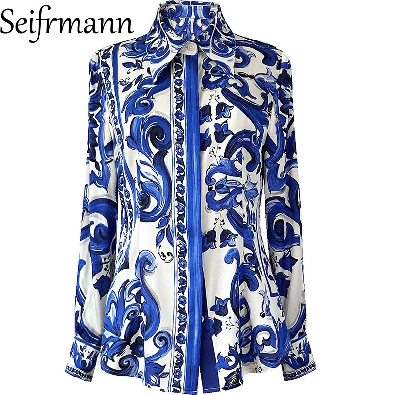 

Seifrmann Blue and white printed long sleeved single breasted high waist casual high waist women's fashionable dress