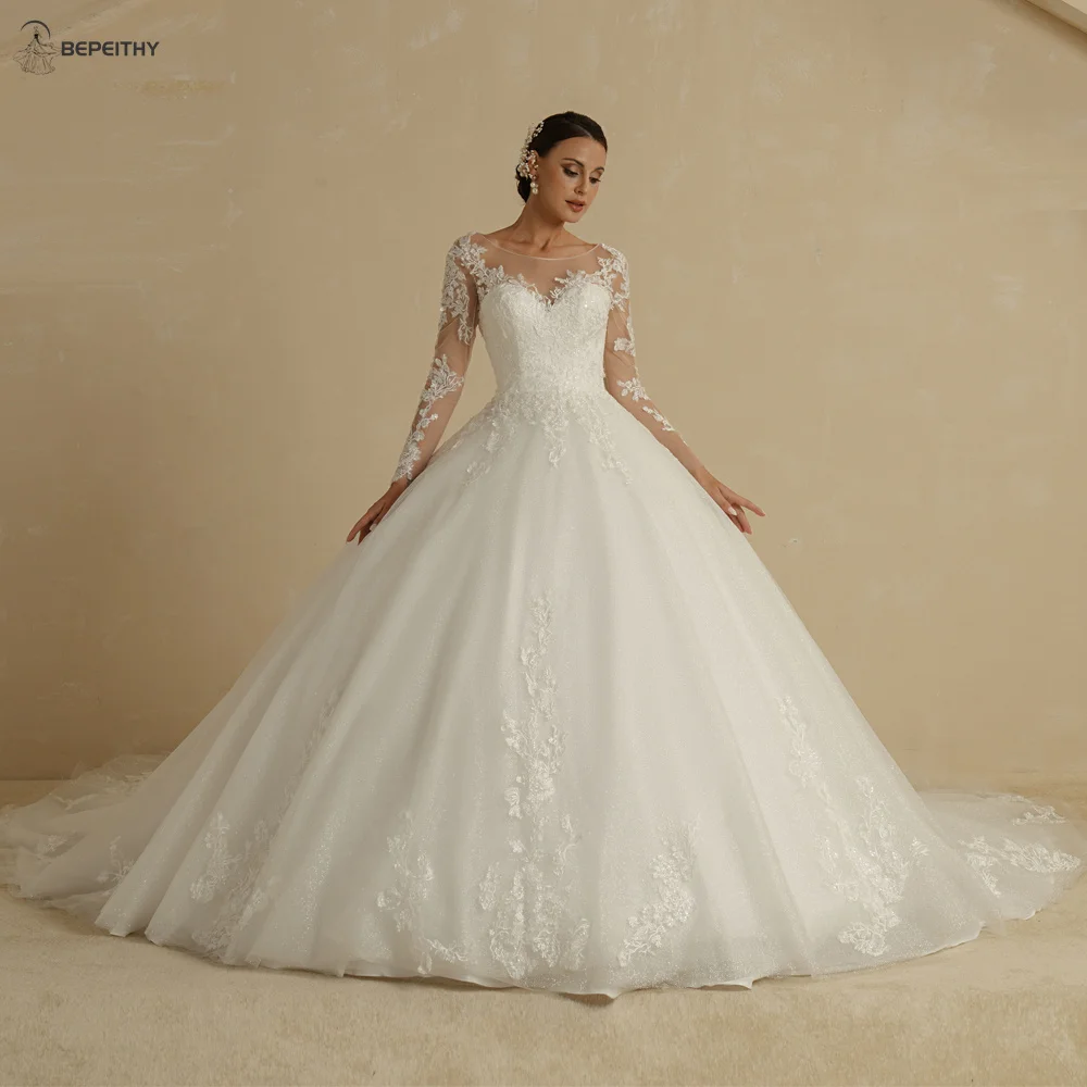 BEPEITHY Customized Luxury Full Sleeves Princess Wedding Dresses For Women Glitter Court Train Lace Boho Bride Bridal Gowns