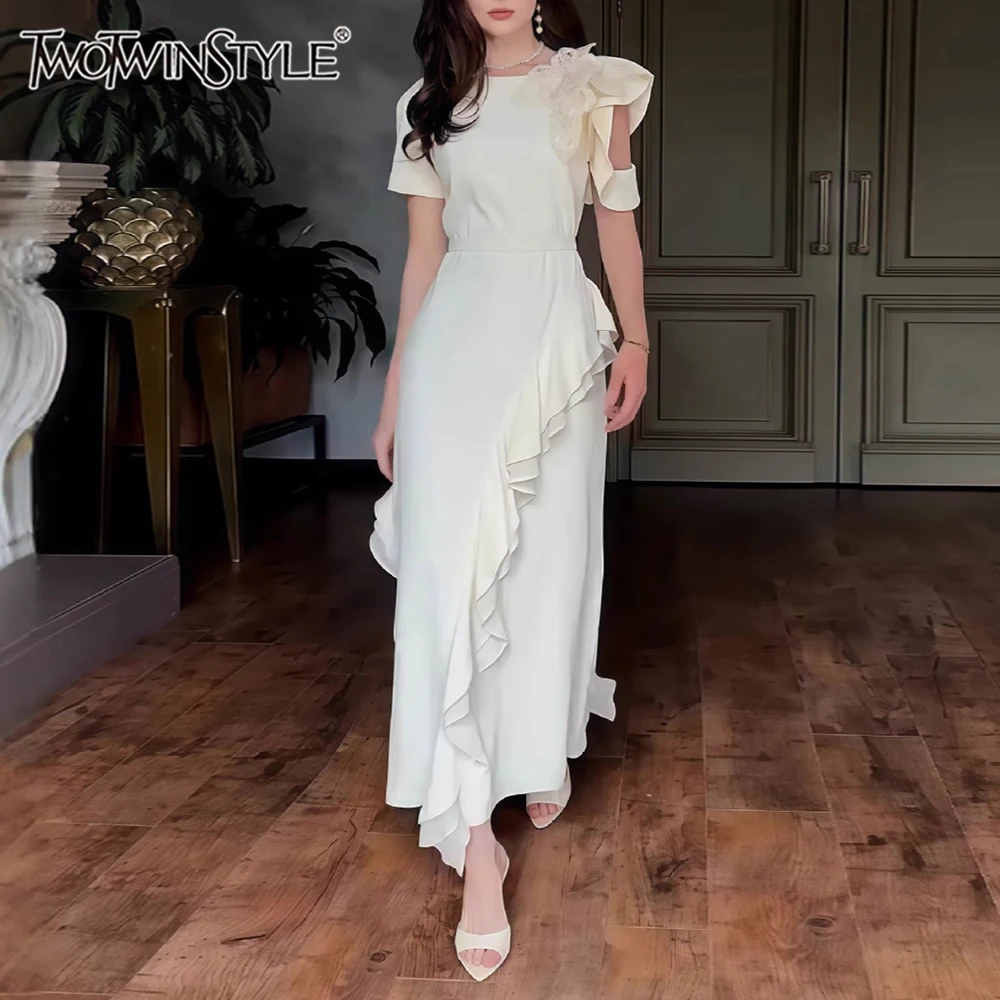 TWOTWINSTYLE Solid Loose Spliced Fungus Dress for Women O Neck Short Sleeve Elegant Literary Dresses Female Summer Fashion New
