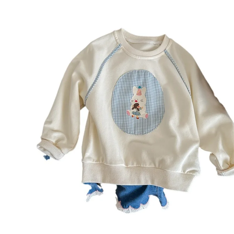 Autumn Kid Girl Sweatshirt Cotton Patched Plaid Rabbit Long Sleeve Toddler Girl Pullovers Loose Versatile Children Girl Hoodies