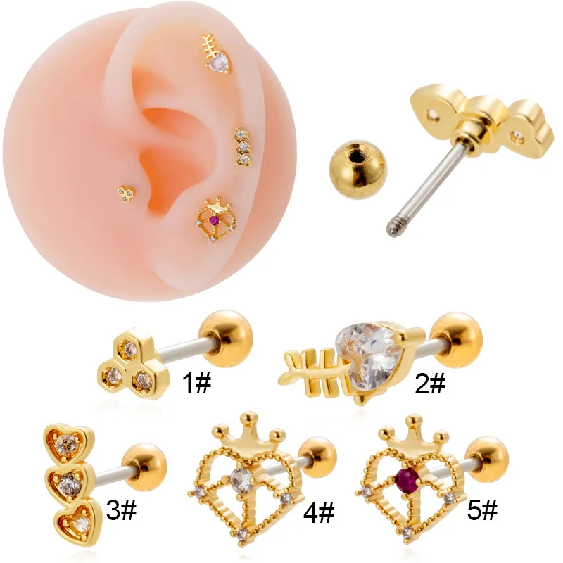 Stainless steel double head screw thin rod simple love zircon fishbone crown ear bone nail cartilage piercing earrings