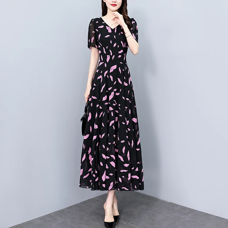 Women Chiffon Long Dresses Spring Summer Female V Neck Short Sleeve Large Size ​Elegant A Line High Waist Slim Printed Vestidos