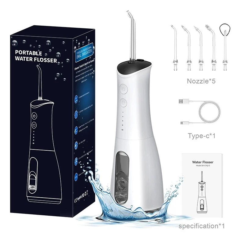

Portable Oral Irrigator 4 Modes Teeth Cleaner Dental Water Flosser Rechargeable 300ml Tank Water Jet Floss Tooth Pick 5 Jet Tip