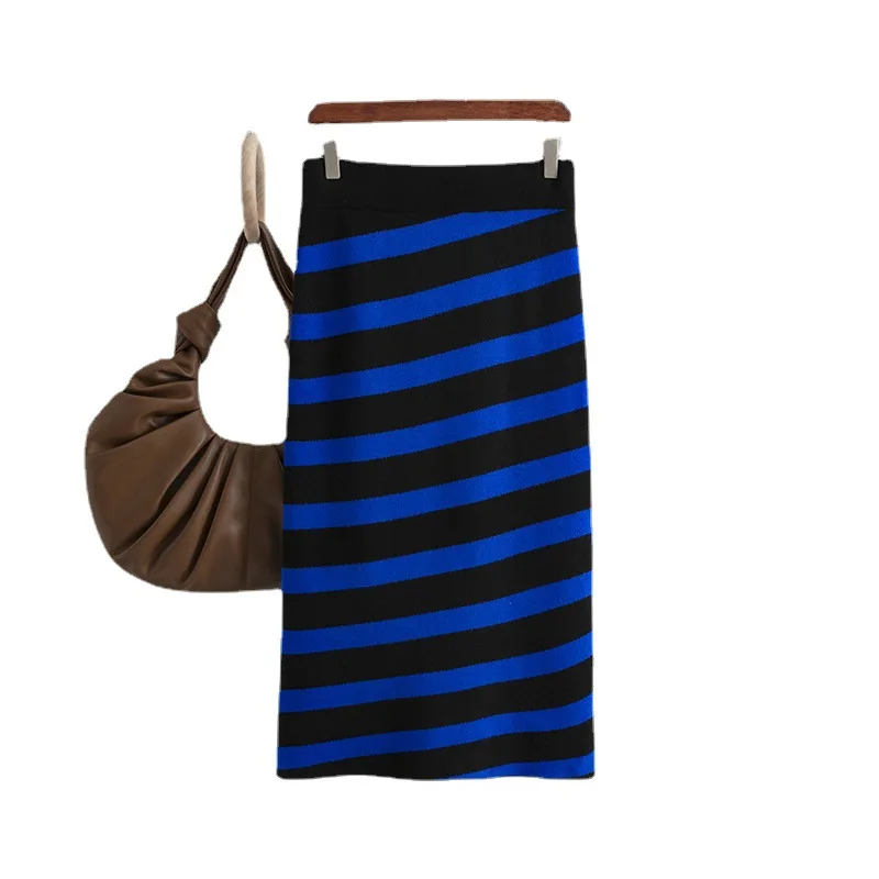 Falda de punto a rayas para mujer, falda elegante de lana color café con cintura elástica, hasta el tobillo, otoño e invierno, CQ182, 2025