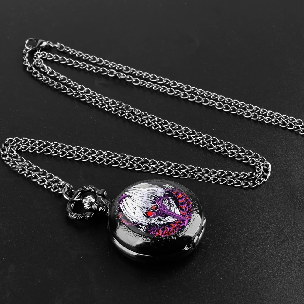 Anime Skull Glass Dome Vintage Arabic Numerals Quartz Pocket Watch Necklace Pendant Clock Chain Men Women Anime Fans