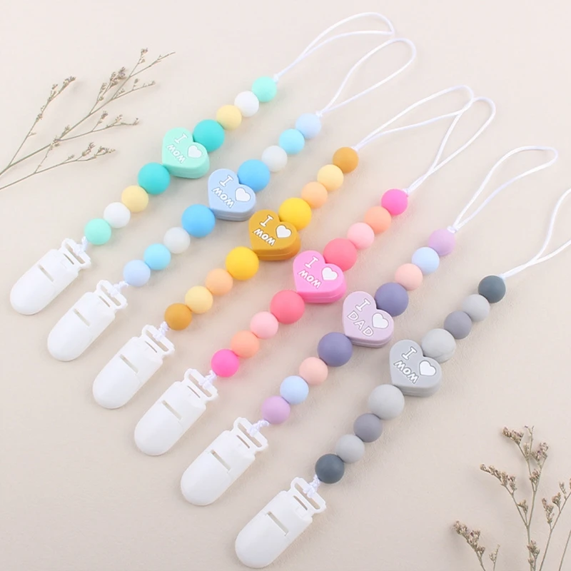 

M76C Baby Silicone Pacifier Clip with I Love Mom Dad Heart Beads Chain Infant Toddler Teething nipple pacifier Teether Chew Toys