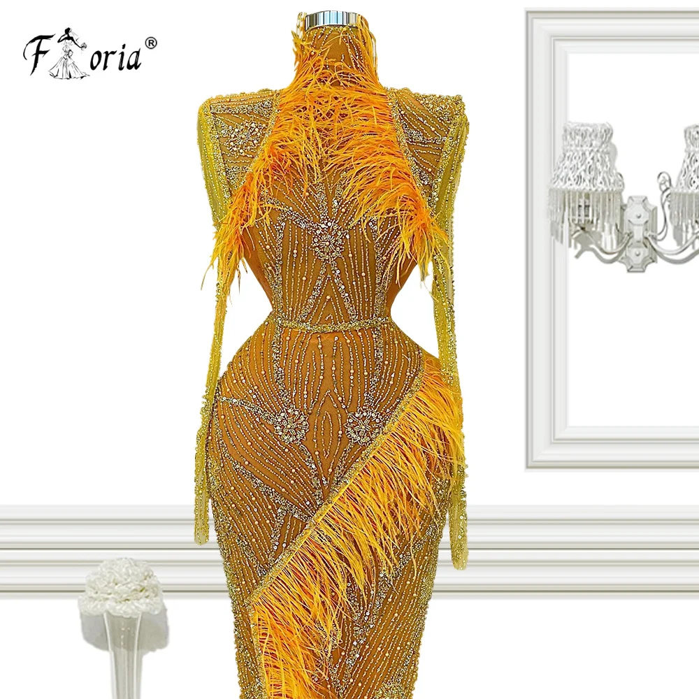 Piume abiti da sera arancioni 2022 Luxury Arabic Dubai Mermaid Beads Women Evening Wear Celebrity Party Dress abito lungo da ballo