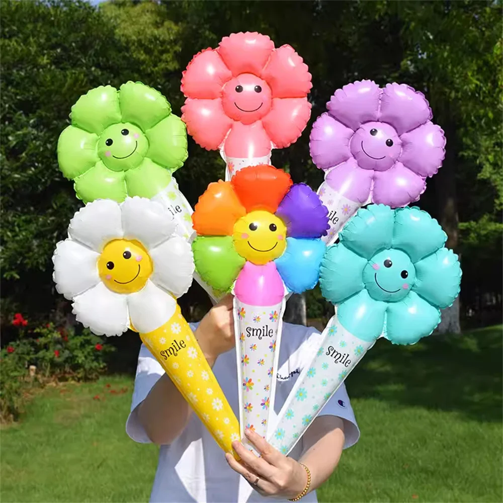 

6PCS/PACK Colorful Smiling Face Daisy Color Hand Stick Aluminum Film Balloon Birthday Party Theme Event Decoration