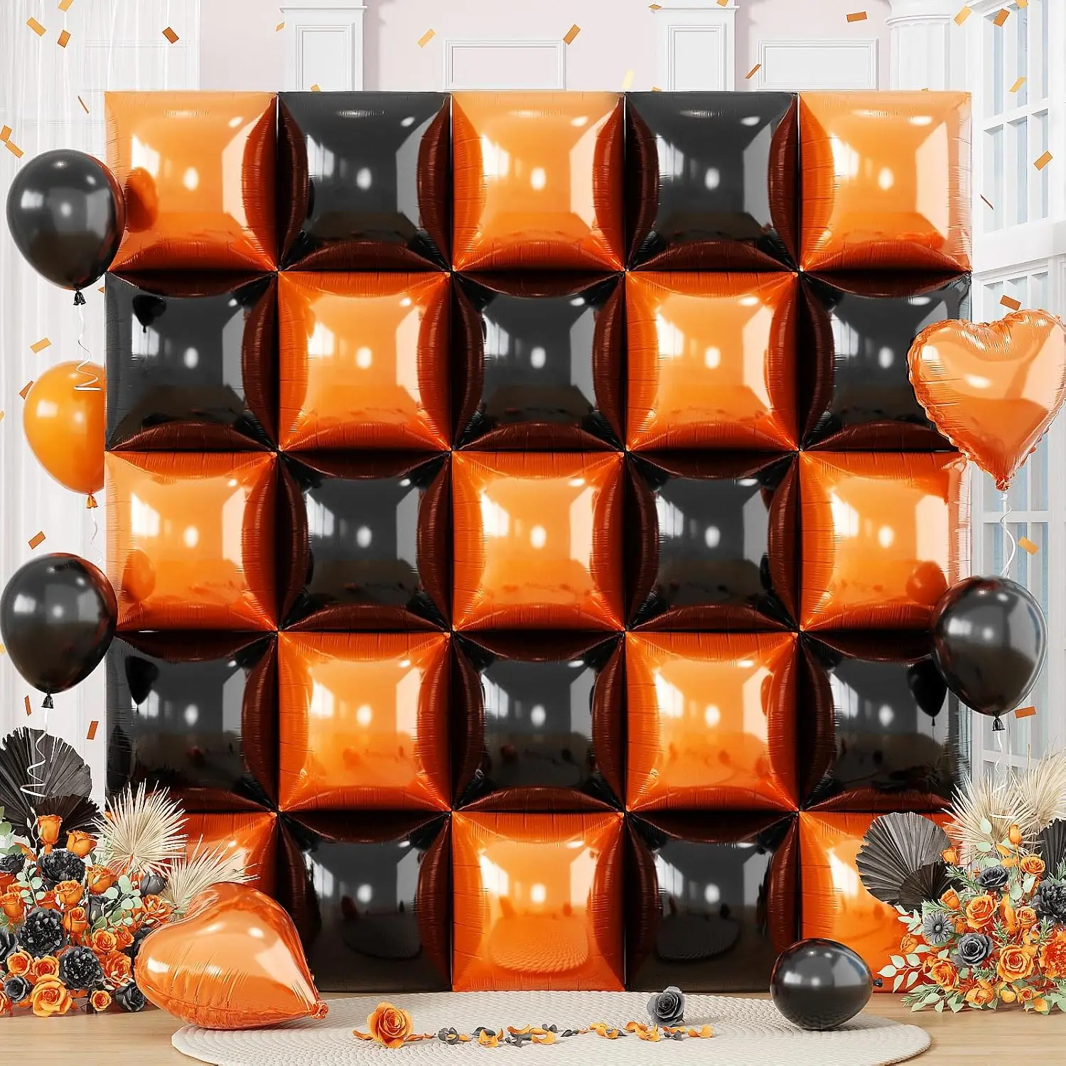 Black Orange Square Foil Balloons, 25PCS Double Sided Metallic Orange and Black Square Balloons Backdrop Wall Tunnel Arch Kit for Basketball Theme Boys Men Birthday Halloween Party Background Decor