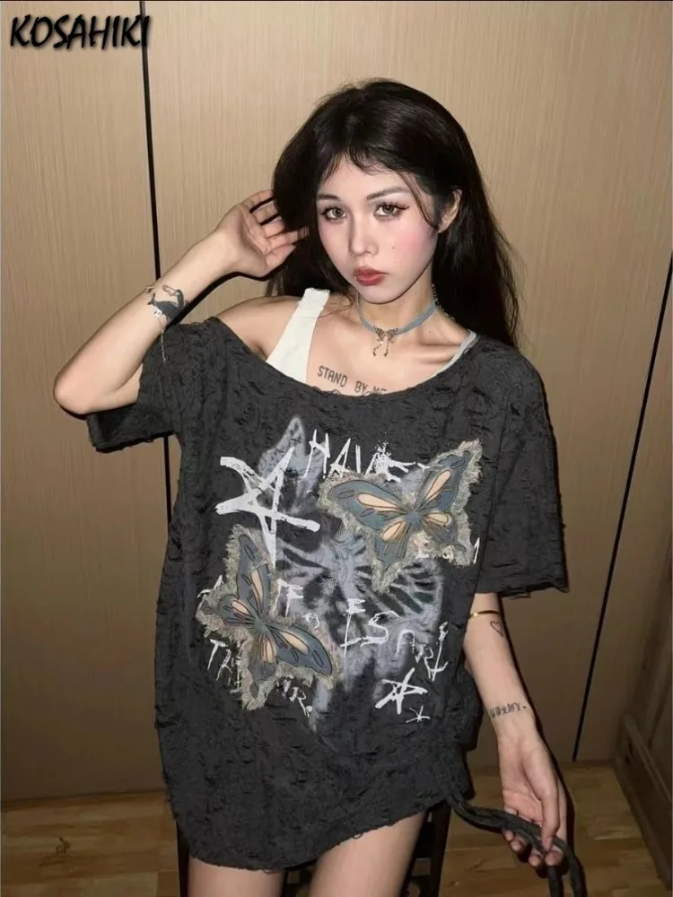 Women Y2k Aesthetic Tassels Butterfly Embroidery T-shirt Summer Dark Grey Slash Neck Tees Harajuku Hole Streetwear Loose Tshirts