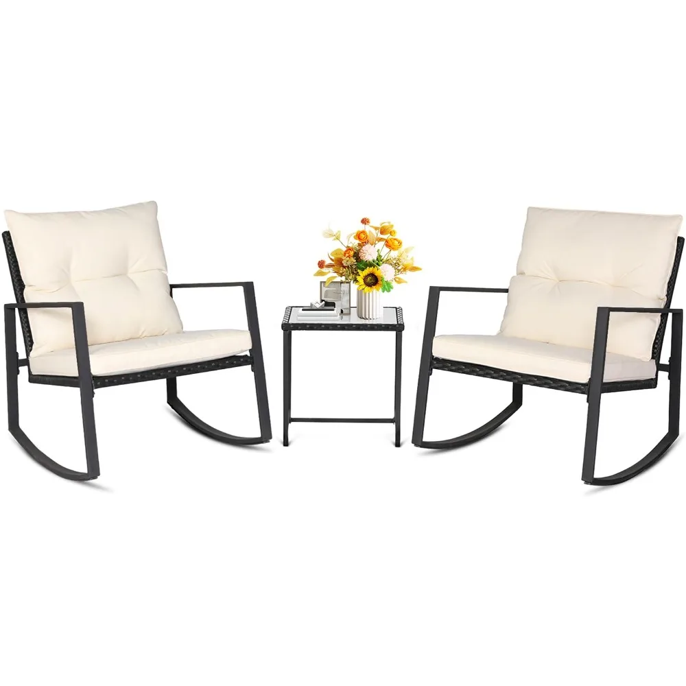 

3 Piece Outdoor Rocking Bistro Set Black Wicker Furniture Porch Chairs Conversation Sets with Glass Coffee Table, Customized