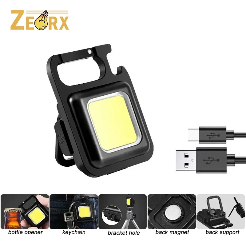 

COB Rechargeable Keychain Flashlight High Lumen Super Bright LED Work Light with 500mAh Battery, Magnet, Bottle Opener, Clip