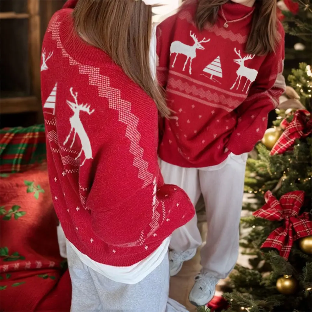 

Women's Red Christmas Sweater European American Style Elegant Fashion Top Lazy Style Loose Outer Wear PG162