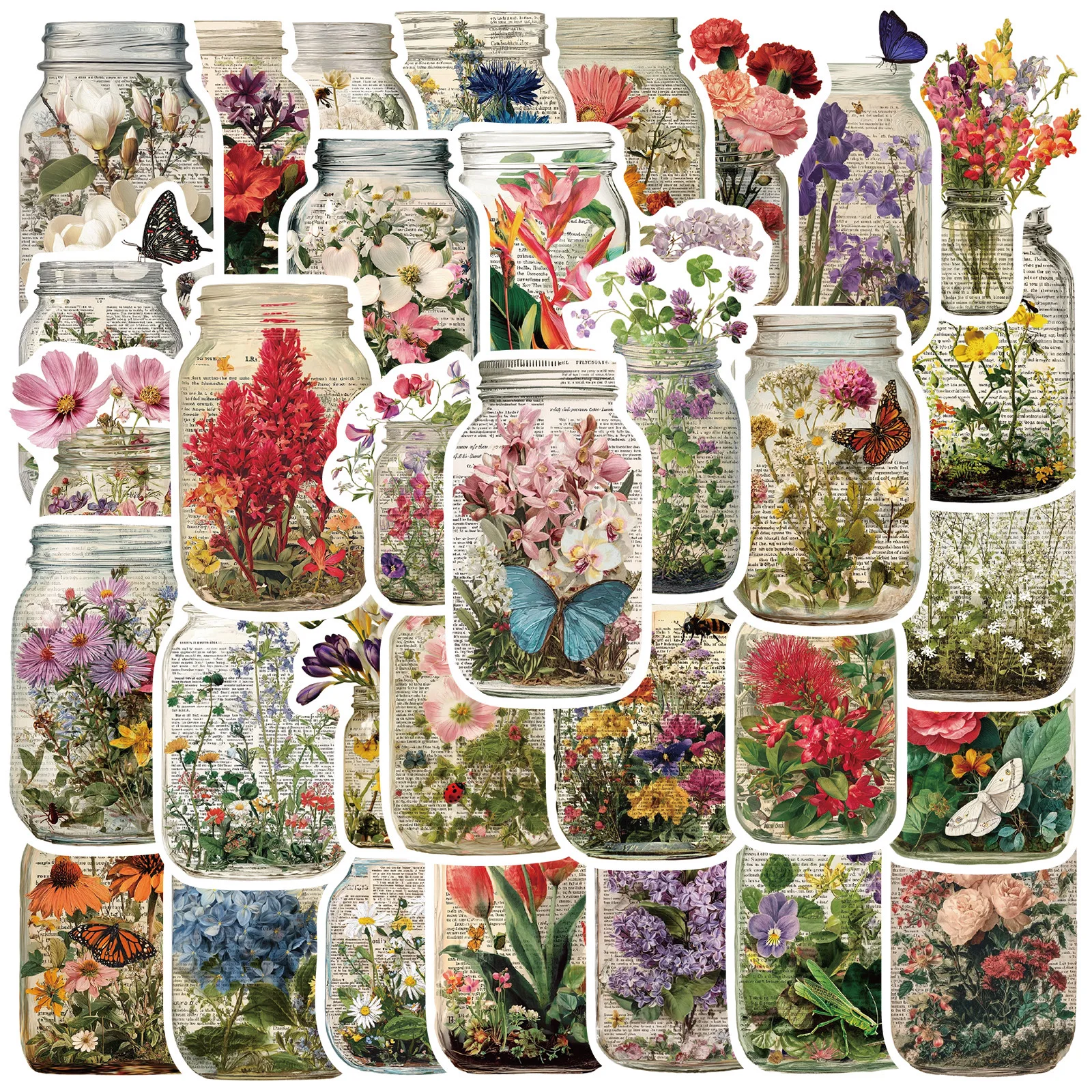 50PCS Retro Blume Jar Ästhetik Graffiti Aufkleber DIY Telefon Gitarre Laptop Notebook Koffer Tasse Wasserdichte Aufkleber Kinder Spielzeug