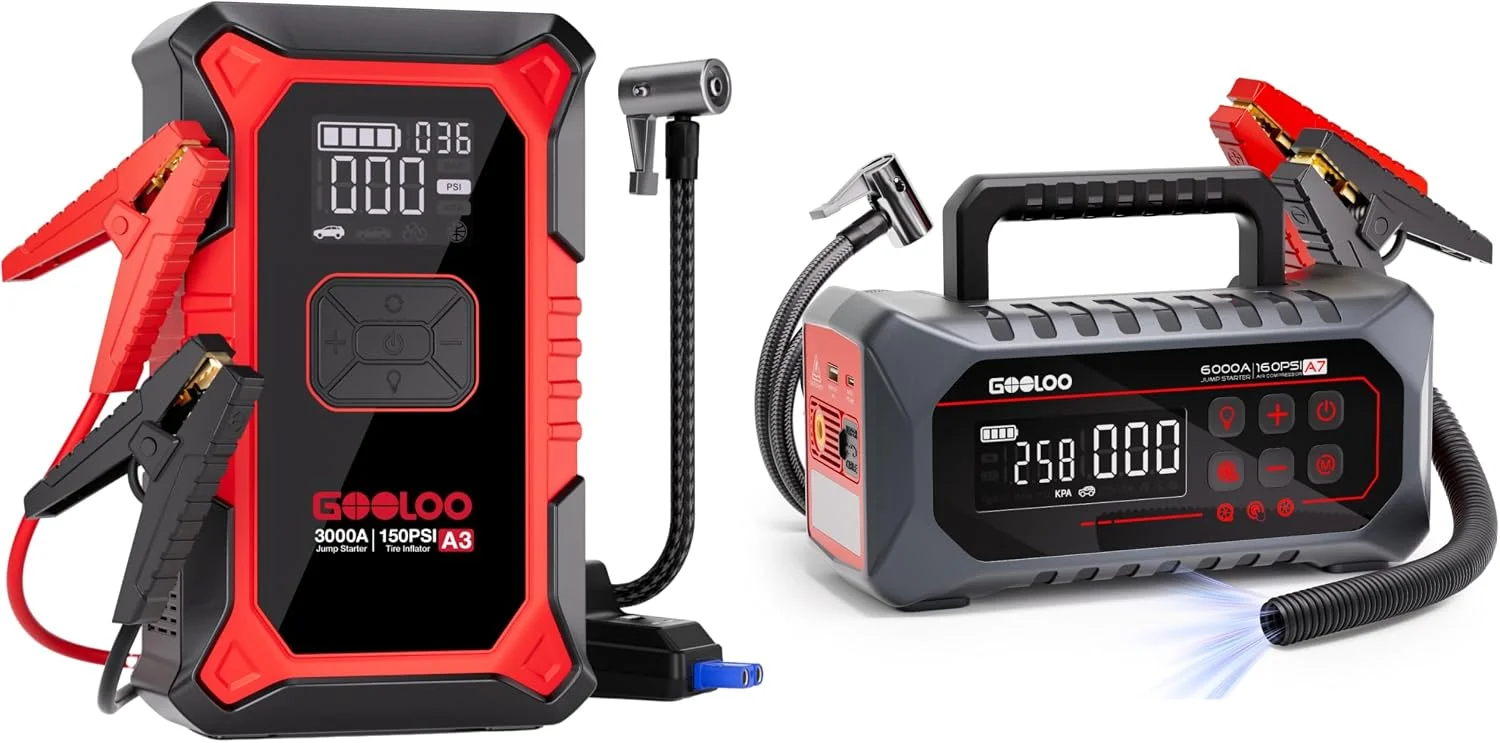 GOOL00A3& GOOL00A7 Car Jump Starter with Air Compressor Portable Battery Booster 12V Emergency Starter Power Bank Tire Inflator Pump for Cars Trucks SUVs Motorcycles Roadside Assistance Travel Camping Outdoor