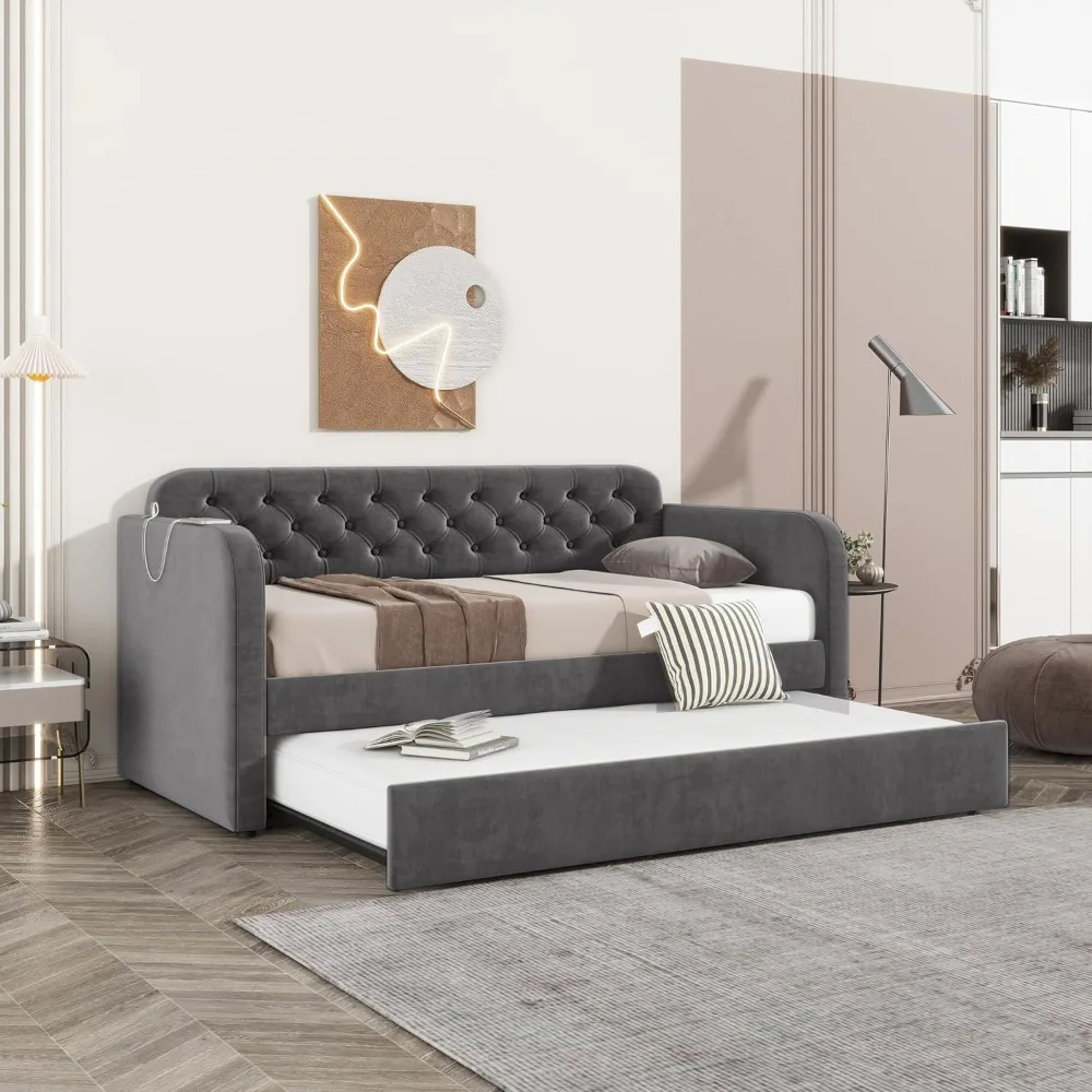 Daybed with Trundle, Velvet Upholstered Twin Size Day Bed Pull-Point Sofa Daybed Frame w/Roll-Out Trundle and USB Port, No Box S