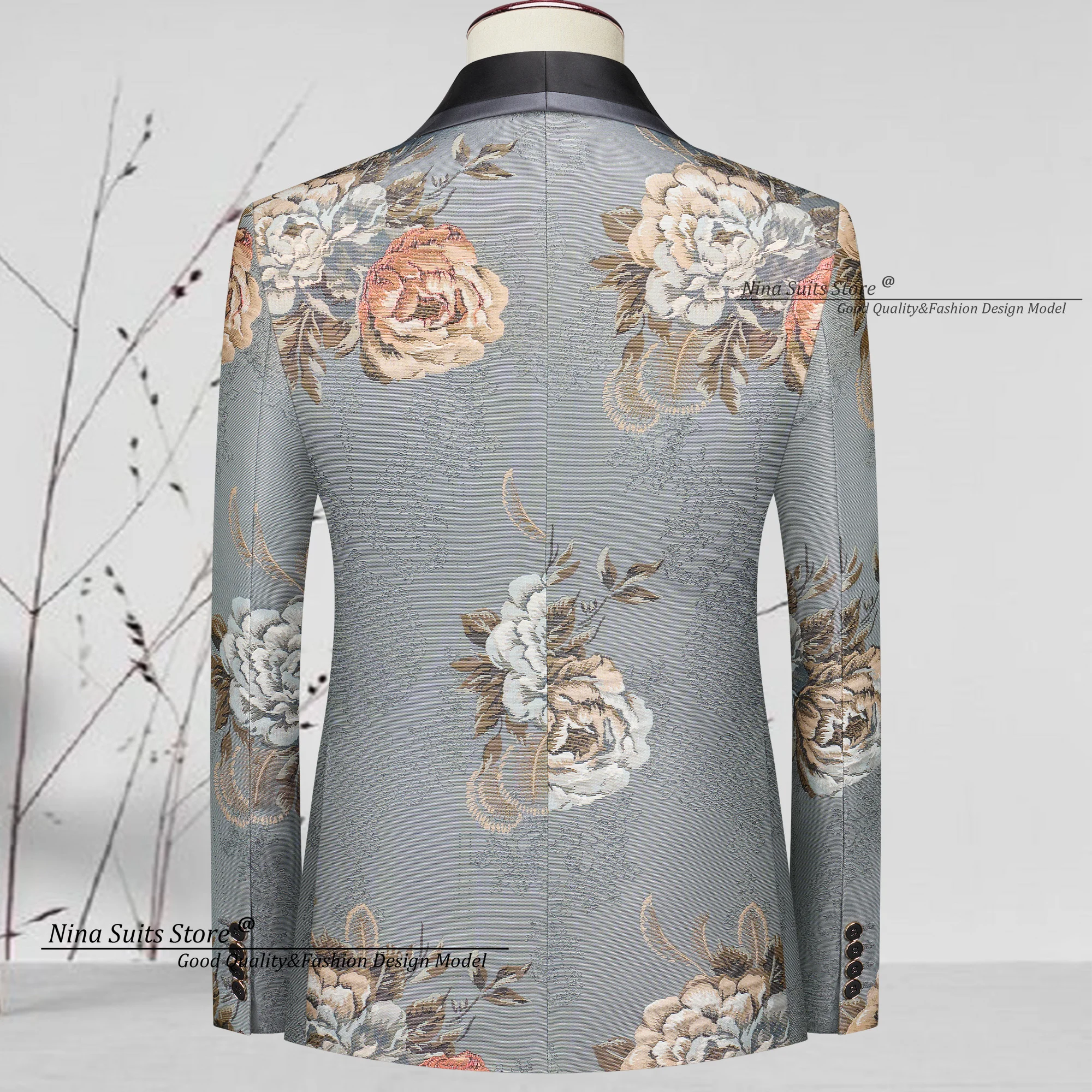 Nina Store Luxury Peony Jacquard Suit 3-Piece Set 2025 New Men's Tuxedos Evening Party Fashion Single Breasted Costume Homme