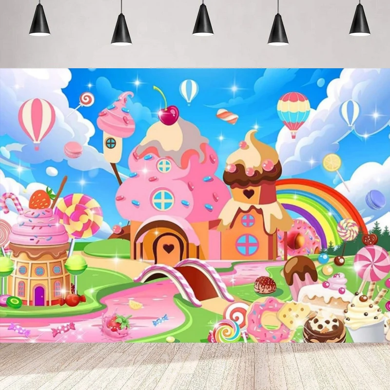 Photography Backdrop Sweetest Candy Land Party Decor Girl Birthday Lollipop Candy Themed Castle Background Banner Photo Booth