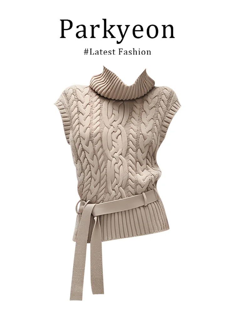 Women's Knitted Sweater Vest Winter Fashion High Collar Sleeveless Twist Flower Patterned Belted Short Top Street Style Loose...