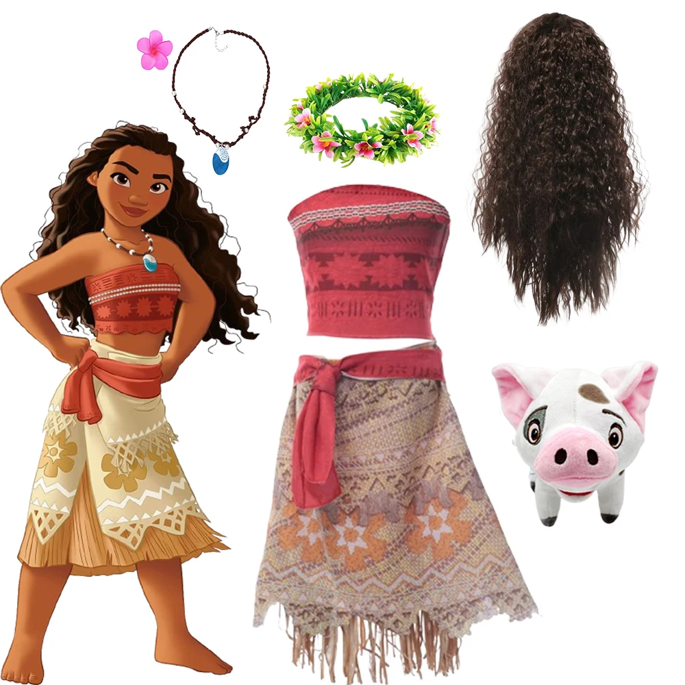 Moana Costume Princess Vaiana Children Clothing Dresses Disney Girls Vestidos Summer Straps Backless Dress for Kids Outfit & Wig