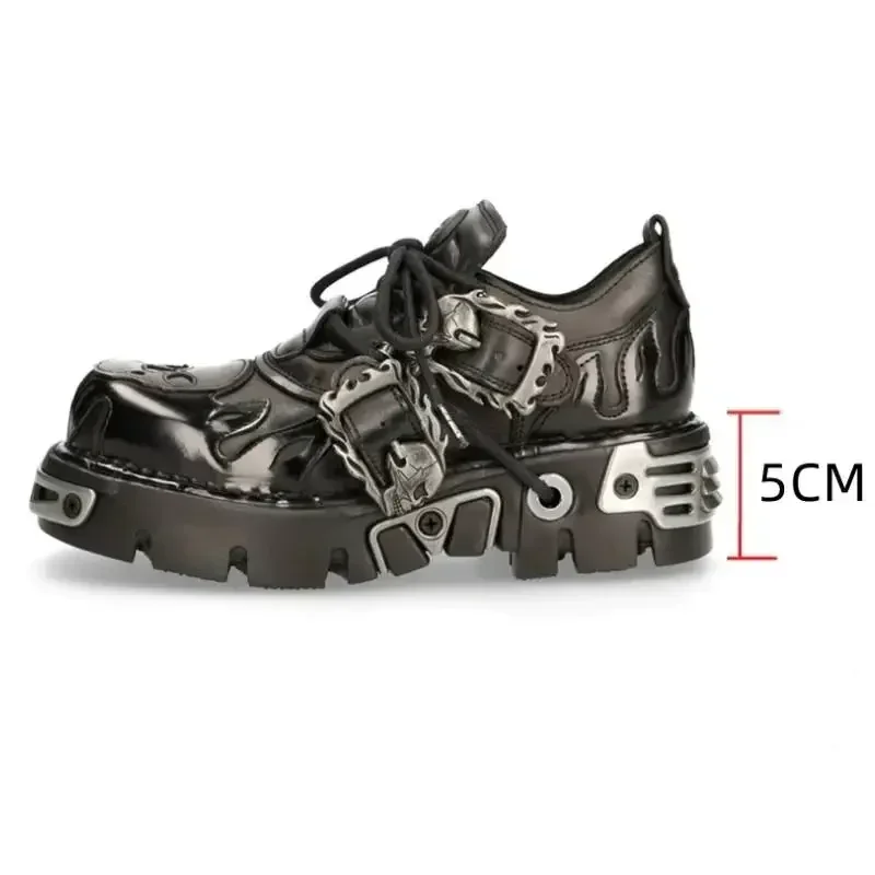 

New Punk Platform Leather Shoes Women Casual Breathable Men Rock Metal Decoration Round Toe Moccasins Height Increasing 5cm