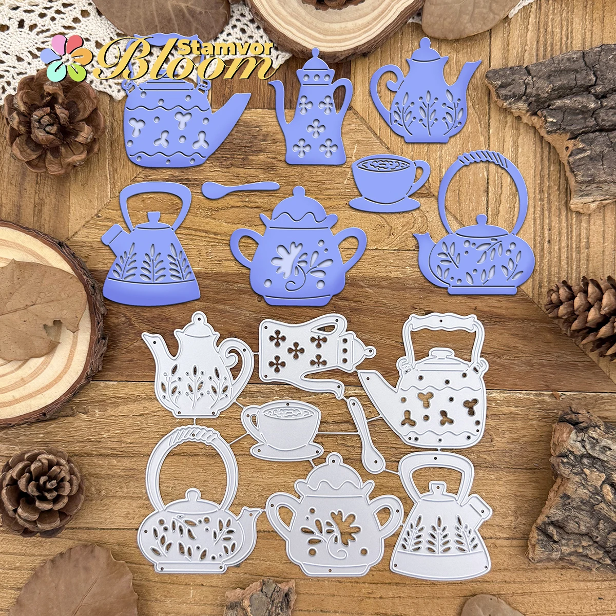 Original schöne Blumen und Blätter Teekannen und Teetasse Metall-Stanzformen Scrapbooking dekorative Prägung