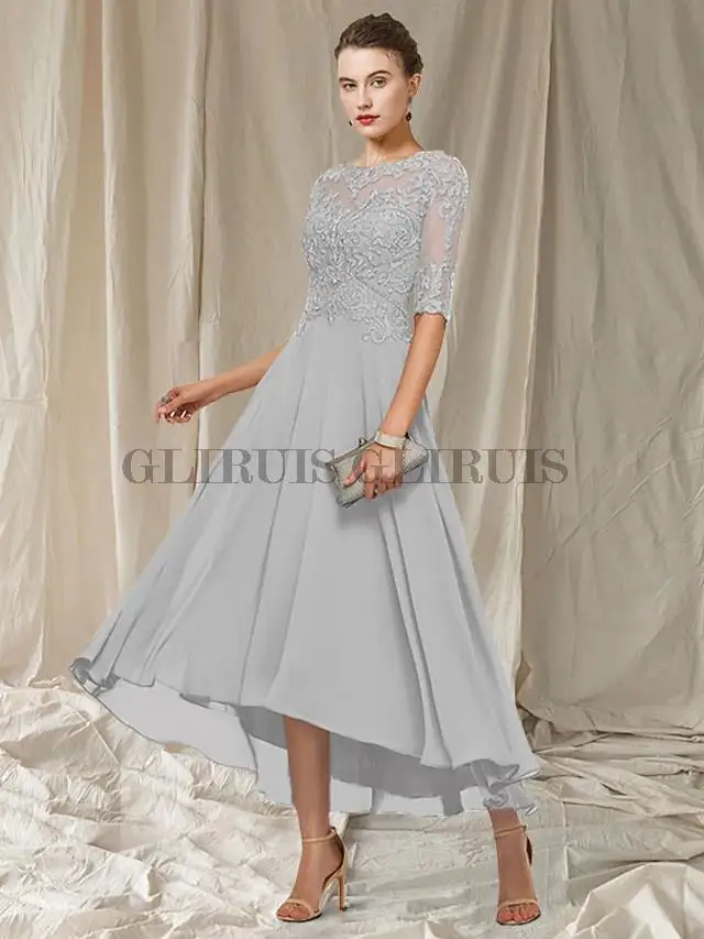 A-Line Mother of the Bride Dress Jewel Neck Asymmetrical Ankle Length Chiffon Lace Half Sleeve with Pleats Appliques Customized