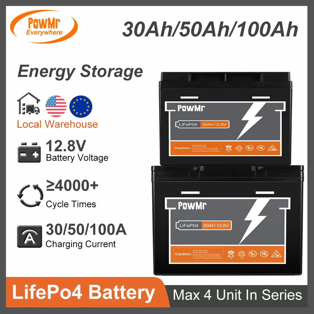 Grade A Cell 30Ah 50Ah 100Ah 12.8V LiFePo4 Battery 4 Unit Max in Parallel 4000+ Cycles Lithium Iron Phosphate Fit Solar RV Boat