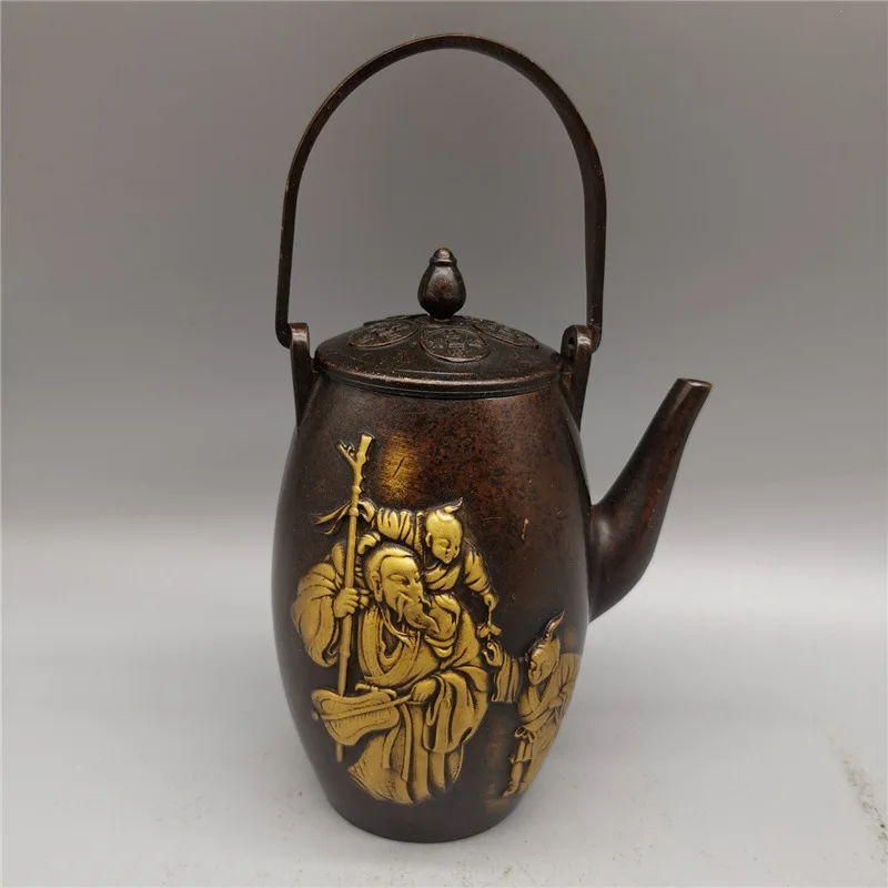 Guyunzhai Brass Teapot Wine Pot Antique Eight Immortals Character Teapot Purple Bronze Gilding Teapot Collectible Artsy Object