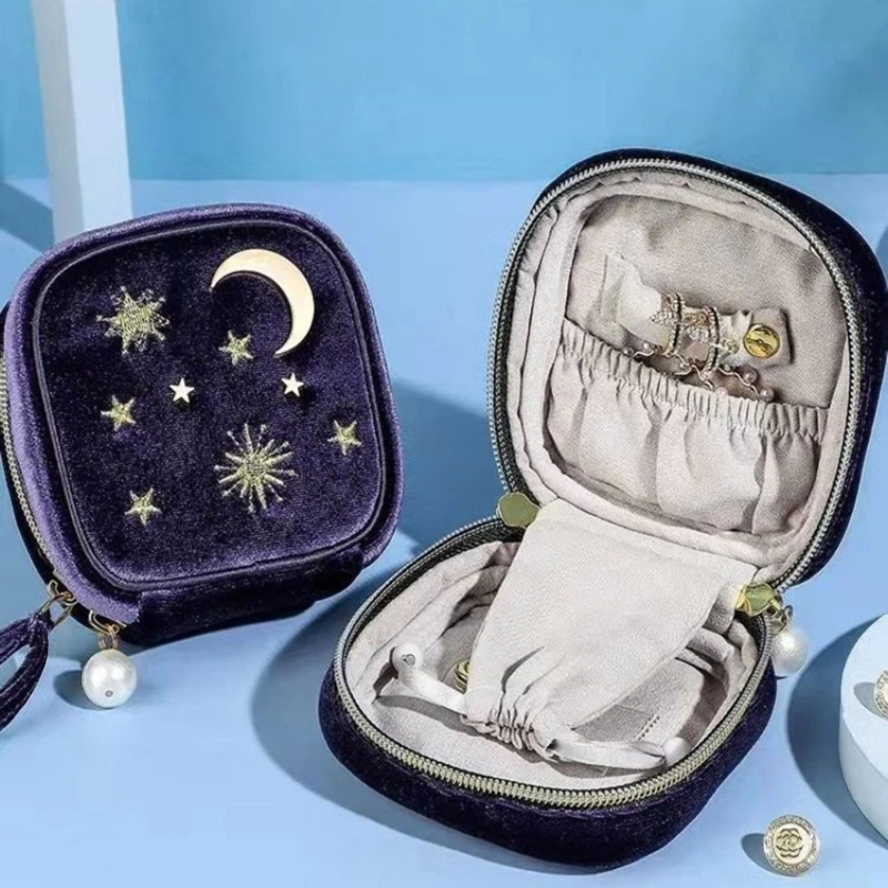 

Elegant Jewelry Box with Compartment Handmade Moon Star Embroider Accessories Storage Case Delicate Jewellery Container