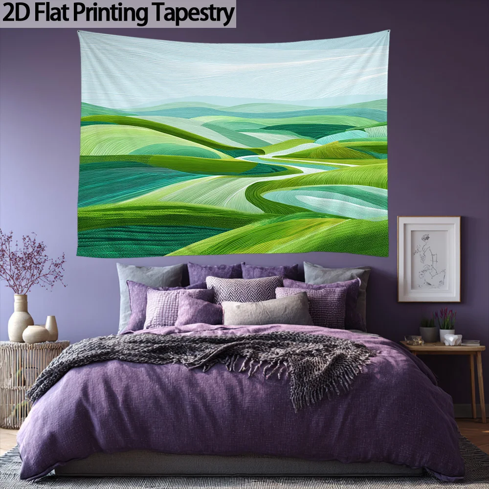 2D Flat, 1pc Large Horizontal Watercolor Mountain View Tapestry - Green Rolling Hills & River Landscape Wall Art, Modern Nature-