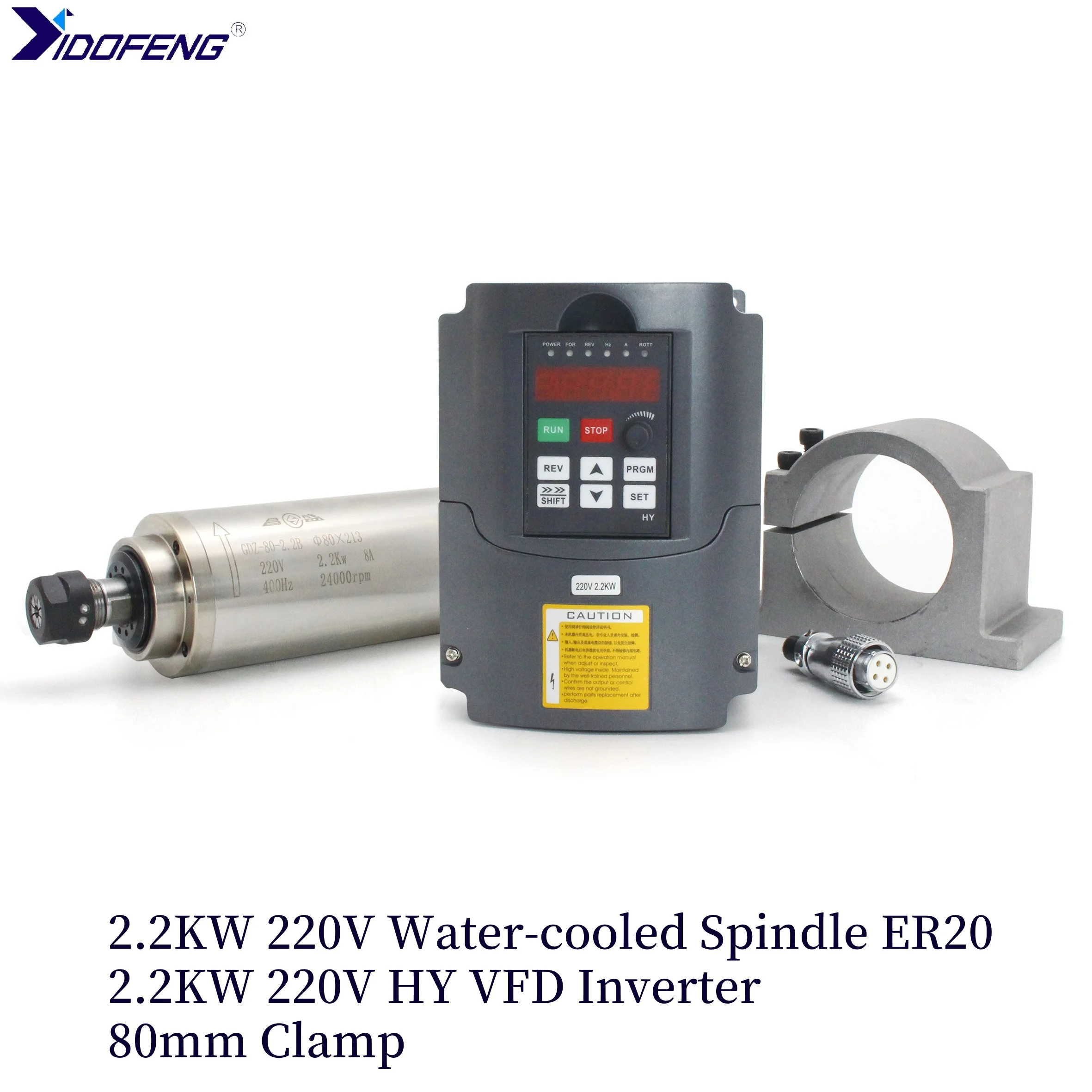 

2.2KW 220V ER20 Water Cooled Spindle Motor 24000RPM & 2.2KW 220V HY Inverter VFD & 80mm Clamp for CNC Router Milling Machine