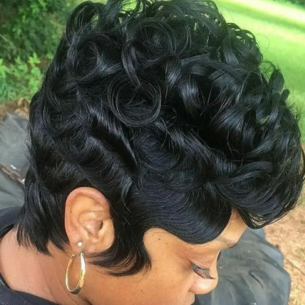 Short Pixie Cut Wigs for Black Women Curly Hair Wigs Replacement  Synthetic Short Black Layered Pixie Wigs With Bangs for Bla