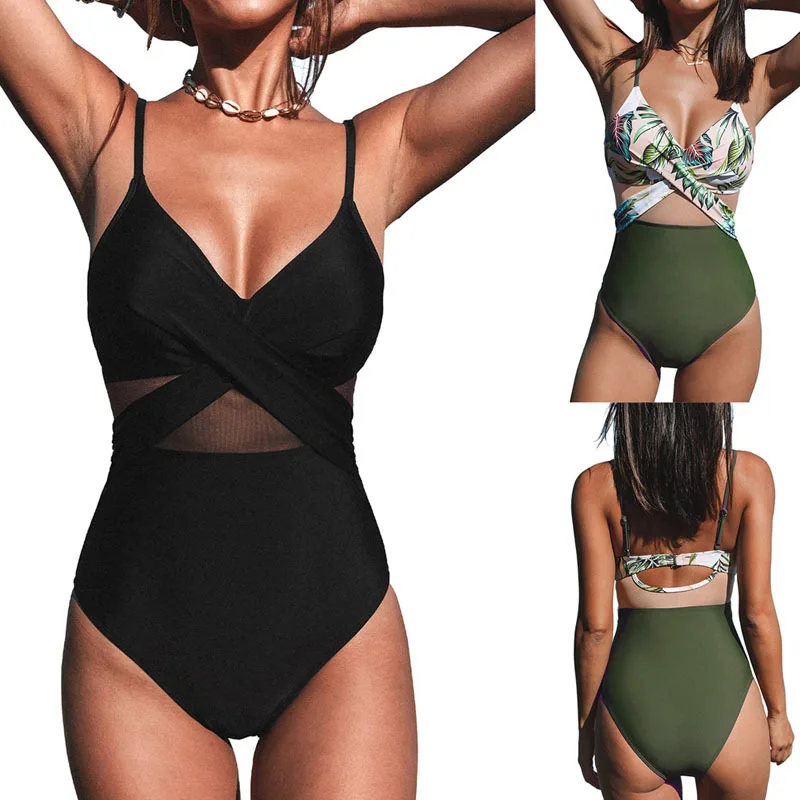 Women's One-pieces Swimwear Push Up Sexy Slimming Mesh-Panelled Swimsuit with Open Back Summer V Neck Beach Wear Bathing Suits