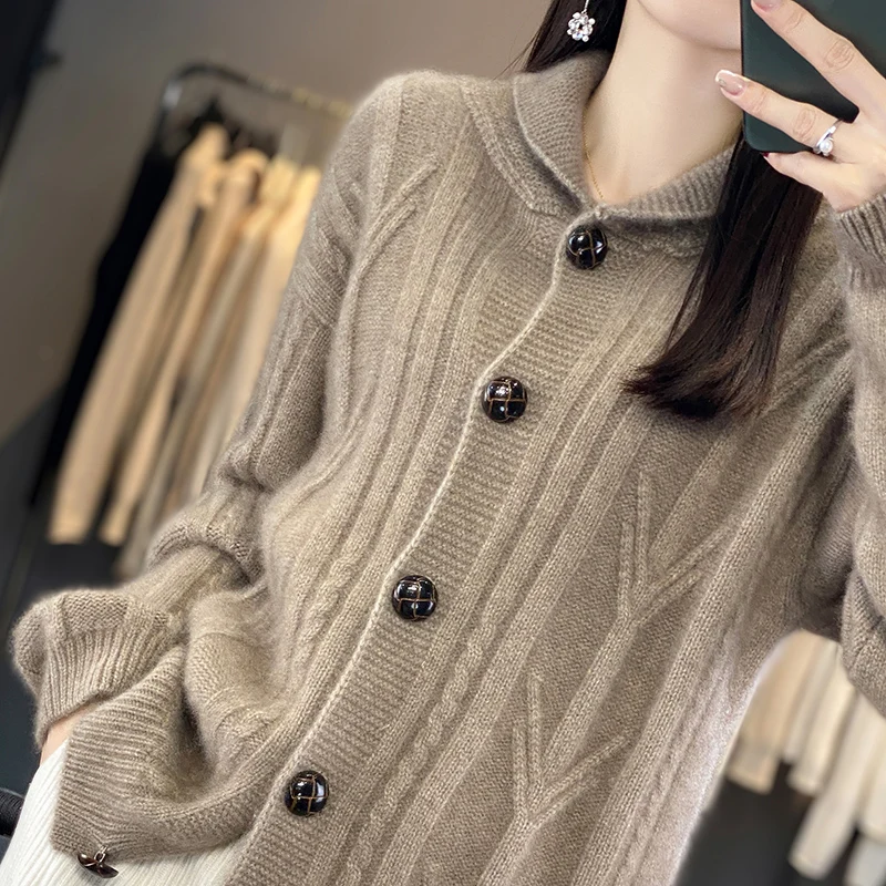 BELIARST 2023 Autumn/Winter 100% Merino Wool Sweater Women\'s Clothing Knitted Cardigan Button Loose Twisted Flower Solid B-8817