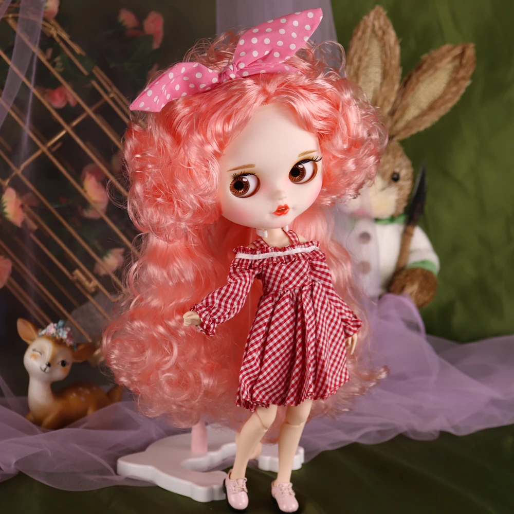 ICY DBS Blyth Doll 30cm Rose Pink Afro 70s Hippie Curls Fair Skin Matte Face Bunny Teeth Including Clothes Girls Festival Gifts