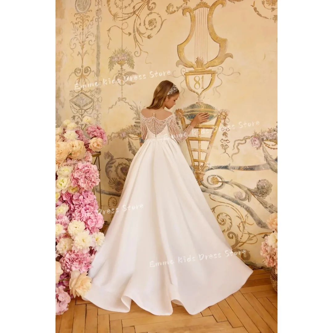 Custom Luxury White Pearl Beaded Flower Girl Dress Wedding Puffy Skirt First Communion Baby Girl Birthday Party view 2
