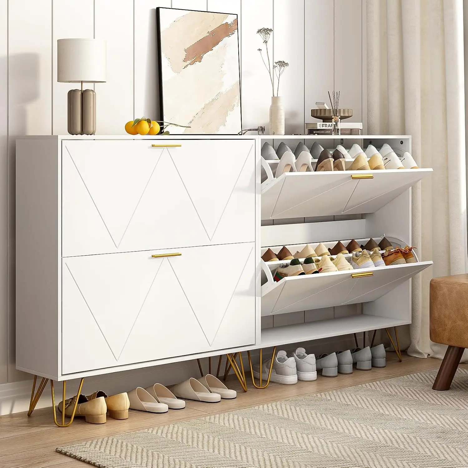 White Shoe Cabinet Entryway 2-Pack Narrow 2 Flip Drawers Freestanding Fluted Panel Hallway Closet, Customized