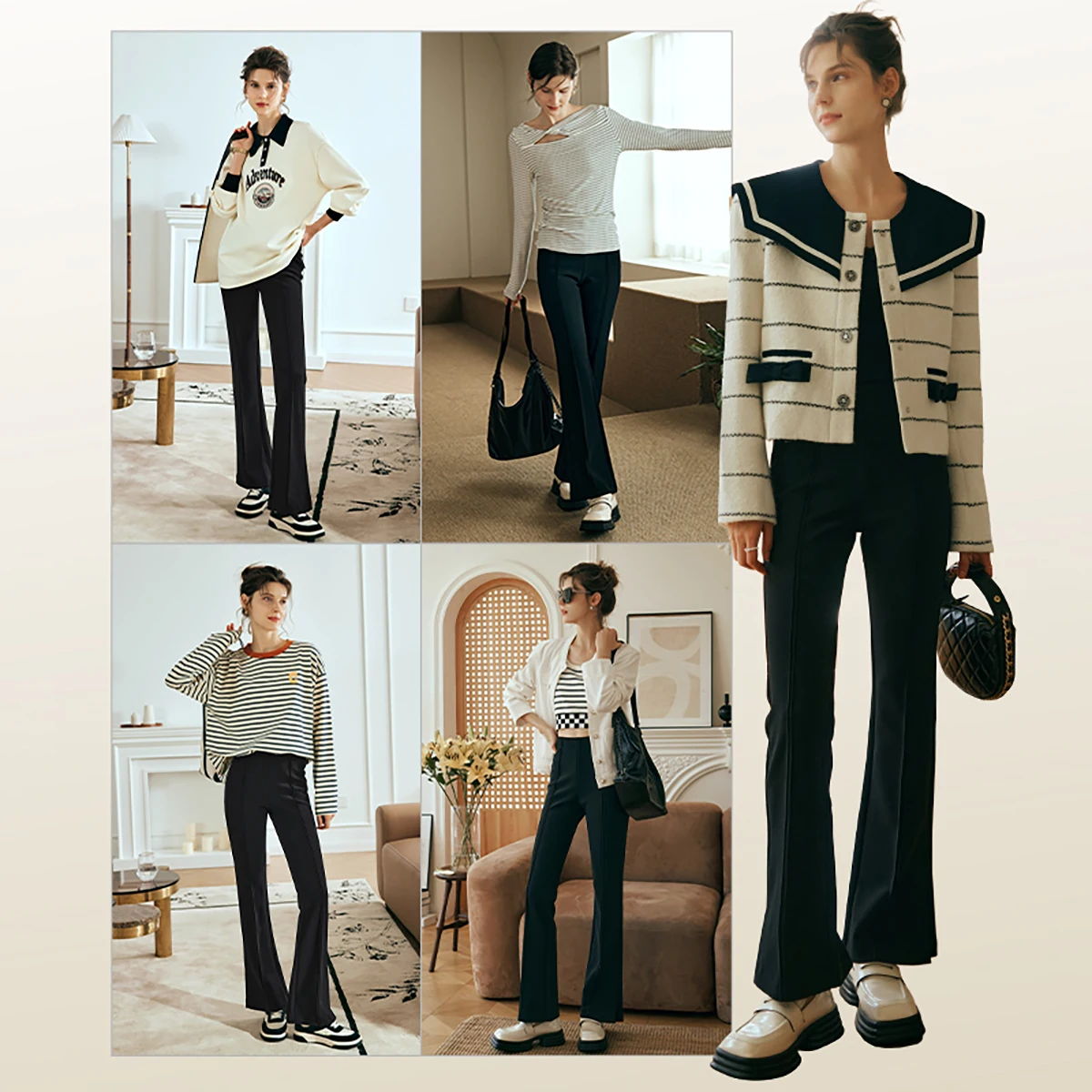 OLrain Black Knit Flare Pants for Women 2025 Summer Fashion Casual Simple Elastic Waist Full-length Trousers Women O23QK69081