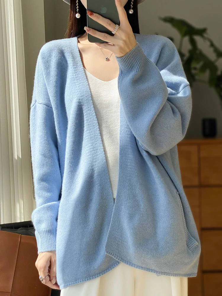 

New 100% Merino Wool Women's Cardigan Shawl Spring Autumn Long Sleeve Sweater Pure Color Loose Soft Knitwear Korean Popular Top